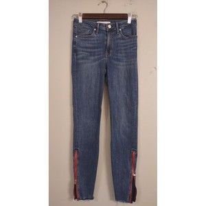 44 Women’s Sz 25 Med Wash Red Zip Leg Raw Hem Skinny To Flare Convertible Jeans